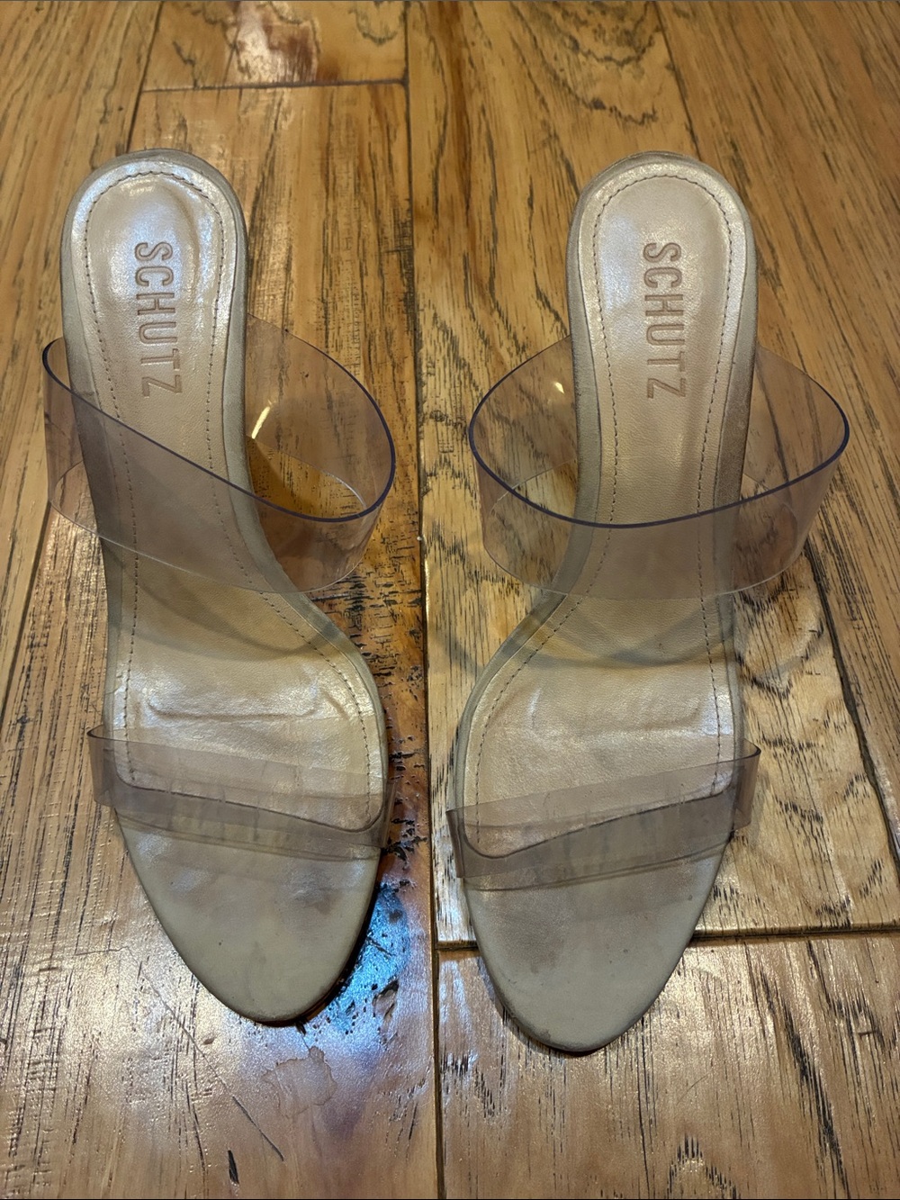 SCHUTZ Clear Strap Slide Sandals with Nude Footbed